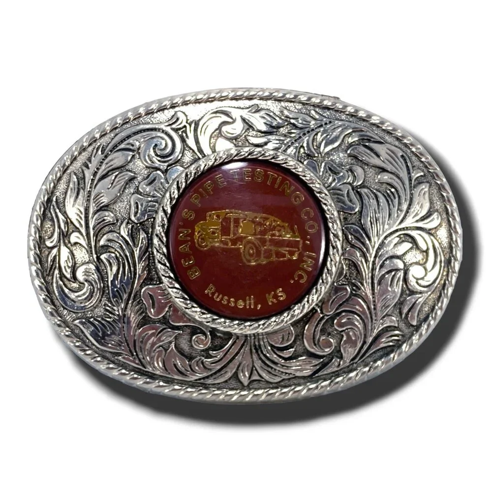 Belt Buckle Bean's Pipe Testing Co, Inc. Russell, Kansas Silver Color Oval Weste
